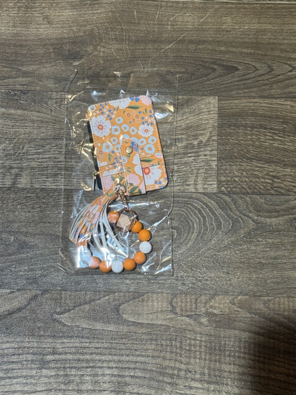 Floral Orange & White Key Card Holder with Beaded Tassel